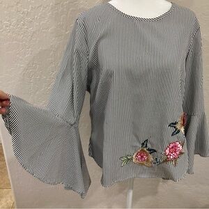 Kontrol Contemporary Striped Bell Sleeve Blouse with Floral Embroidery Size L